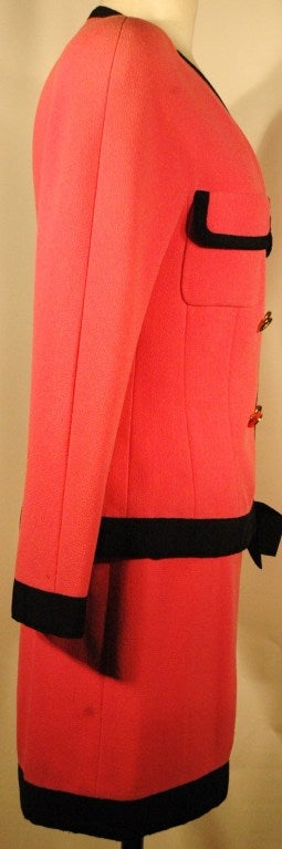 Chanel 1980s Pink ICONIC Jacket Skirt Suit w Bow Trim CC Logo Buttons For Sale 1