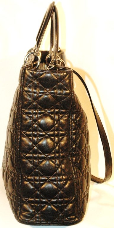 Christian Dior Cannage Large Lady Dior Black Leather Silver Charms Hardware Handbag Purse For Sale 2