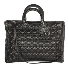 Christian Dior Cannage Large Lady Dior Black Leather Silver Charms Hardware Handbag Purse