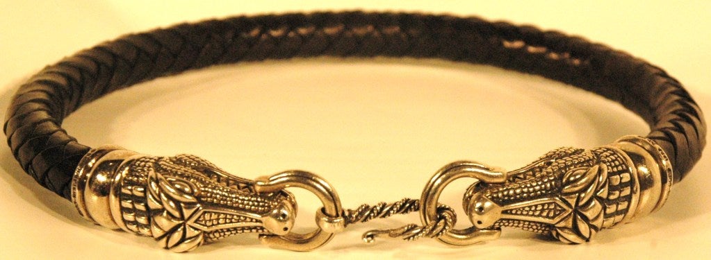 1993 Barry Kieselstein-Cord Double Alligator Head Sterling Silver 925 & Leather Choker In Good Condition For Sale In Lake Park, FL