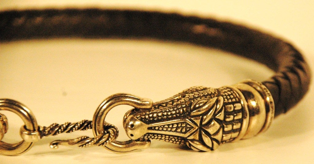 1993 Barry Kieselstein-Cord Double Alligator Head Sterling Silver 925 & Leather Choker For Sale 1