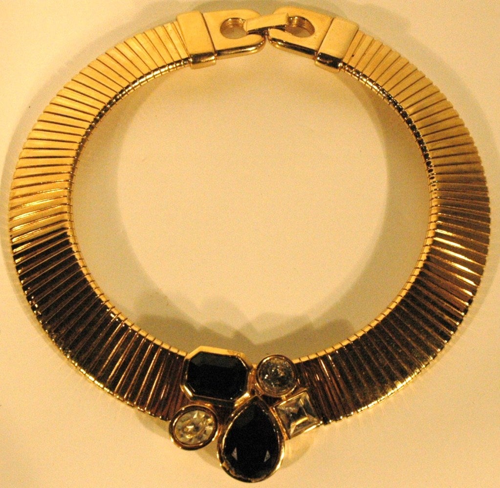 This is a vintage Givenchy gold Choker necklace from 1992 with black and clear stones 15