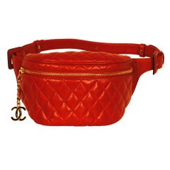 Vintage Chanel Red Quited Lambskin Leather Fanny Belt Pack w Gold Hardware