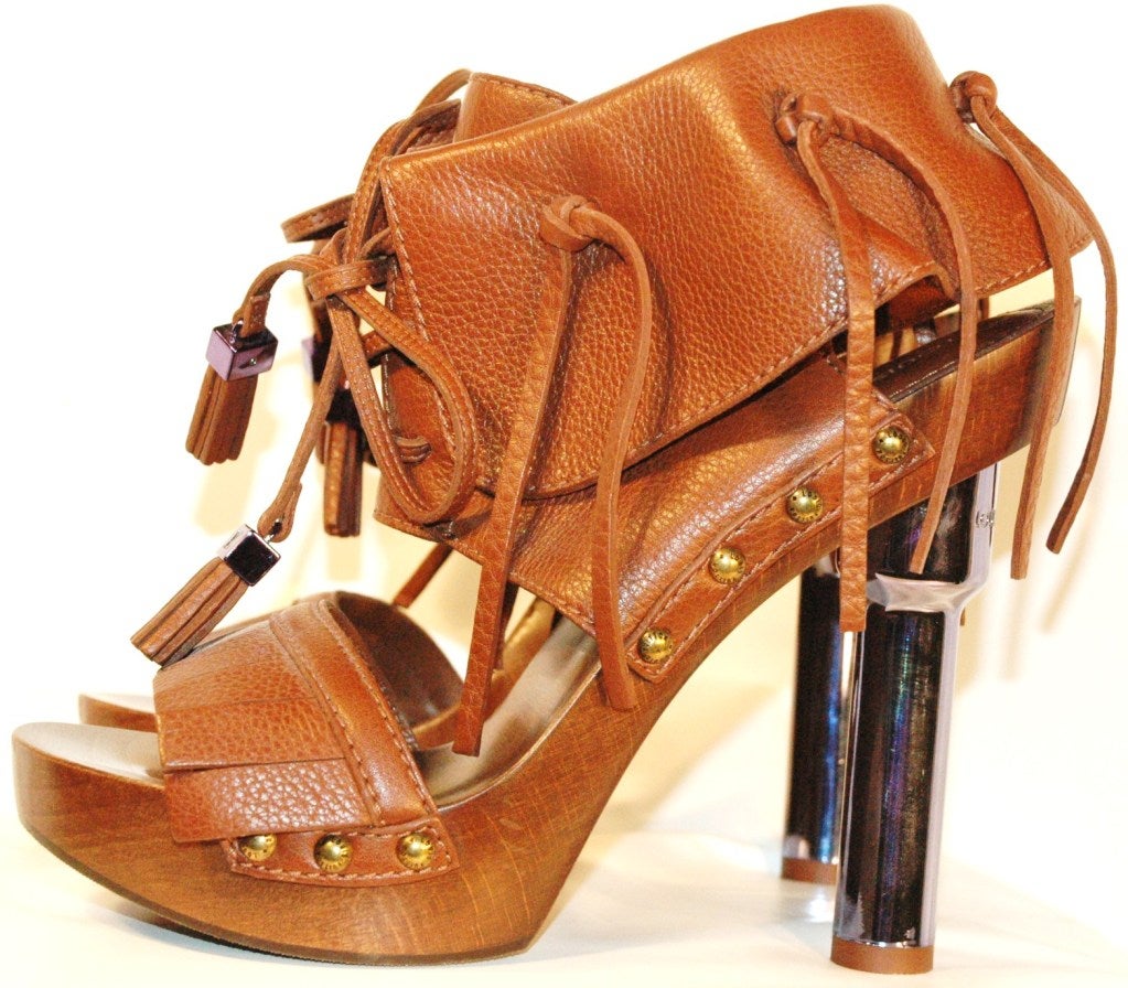 Brown New Louis Vuitton 2010 Runway Rosa Sandal in Grained Calf Leather Fringe High Metal Heels For Sale