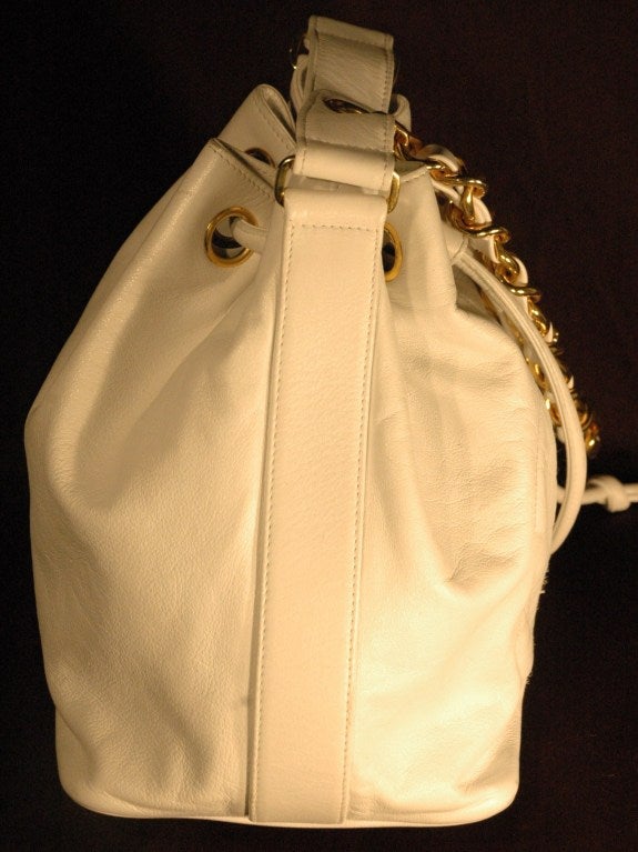 Vintage 1990s Chanel white Lambskin Drawstring Pouch Tote Gold Hardware 1