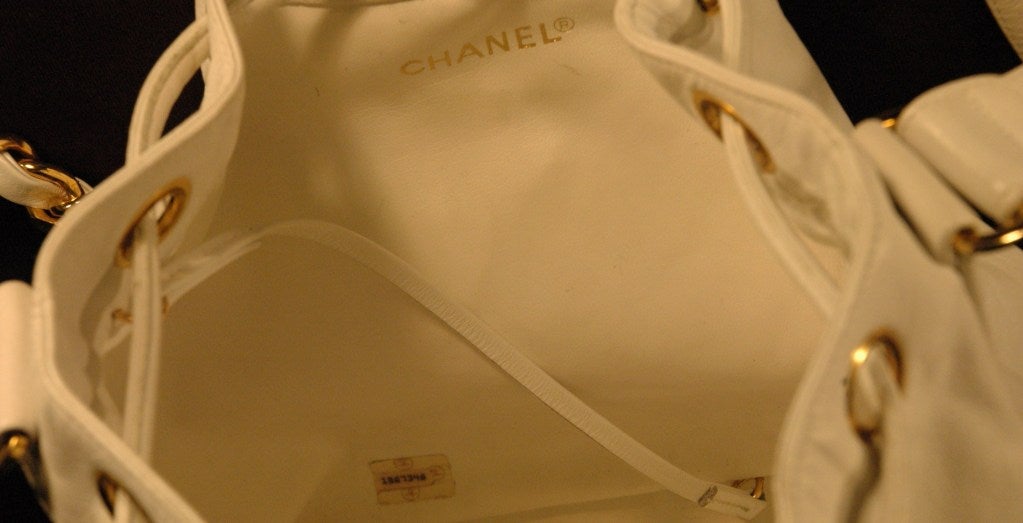 Vintage 1990s Chanel white Lambskin Drawstring Pouch Tote Gold Hardware 4