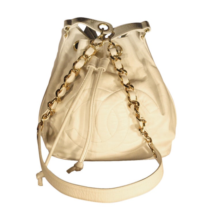 Vintage 1990s Chanel white Lambskin Drawstring Pouch Tote Gold Hardware