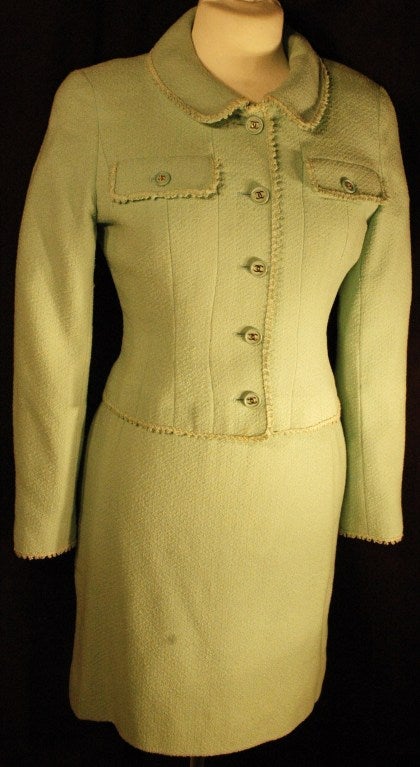 Vintage 1997 Chanel Wool Mint Green Jacket & Skirt Suit 6