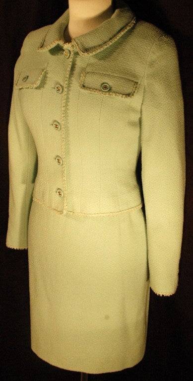 Vintage 1997 Chanel Wool Mint Green Jacket & Skirt Suit In Good Condition In Lake Park, FL