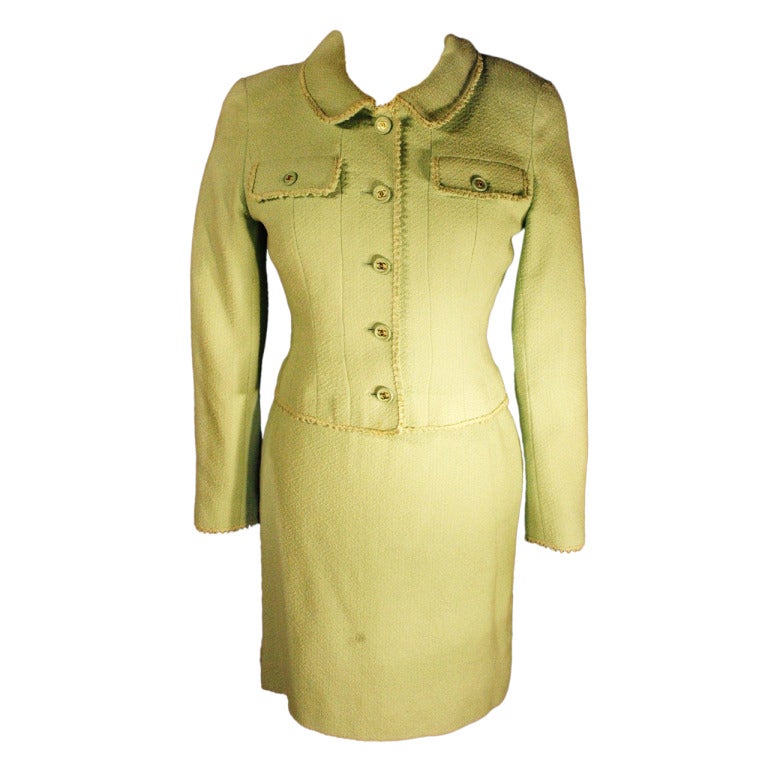 Vintage 1997 Chanel Wool Mint Green Jacket & Skirt Suit