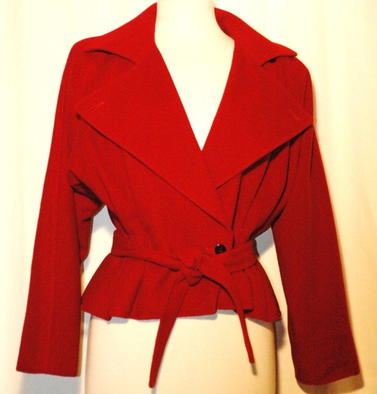 Vintage Emanuel Ungaro Red Wool Crop Wrap Coat Jacket w Belt In Excellent Condition In Lake Park, FL