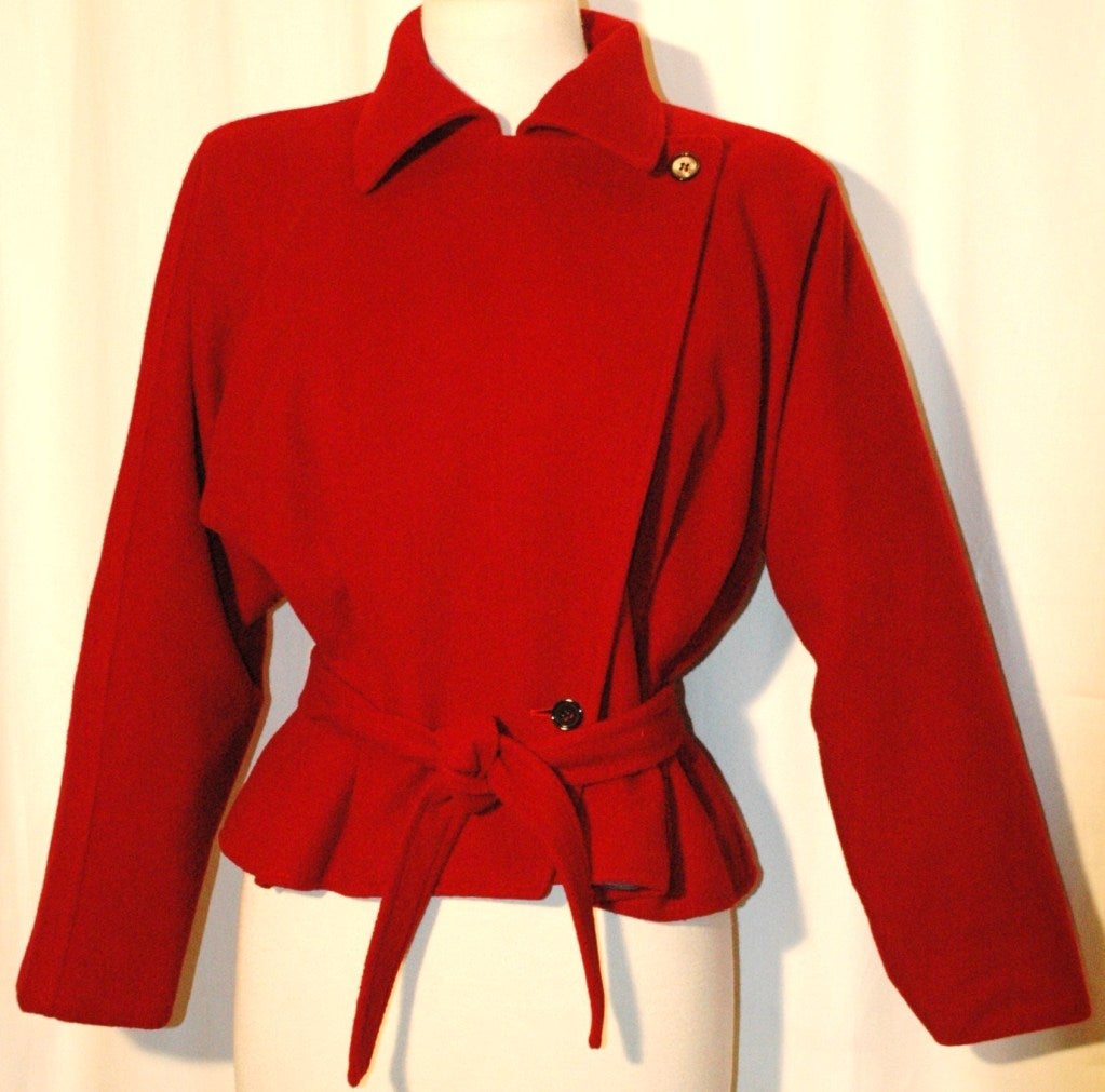Vintage Emanuel Ungaro Red Wool Crop Wrap Coat Jacket w Belt 1