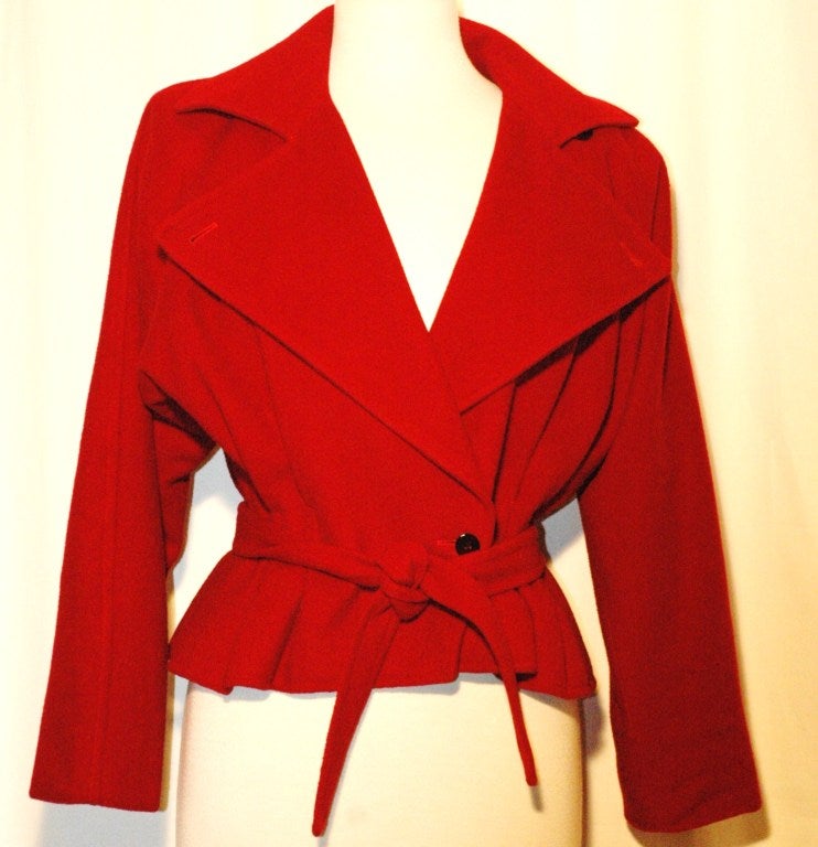 Vintage Emanuel Ungaro Red Wool Crop Wrap Coat Jacket w Belt 2