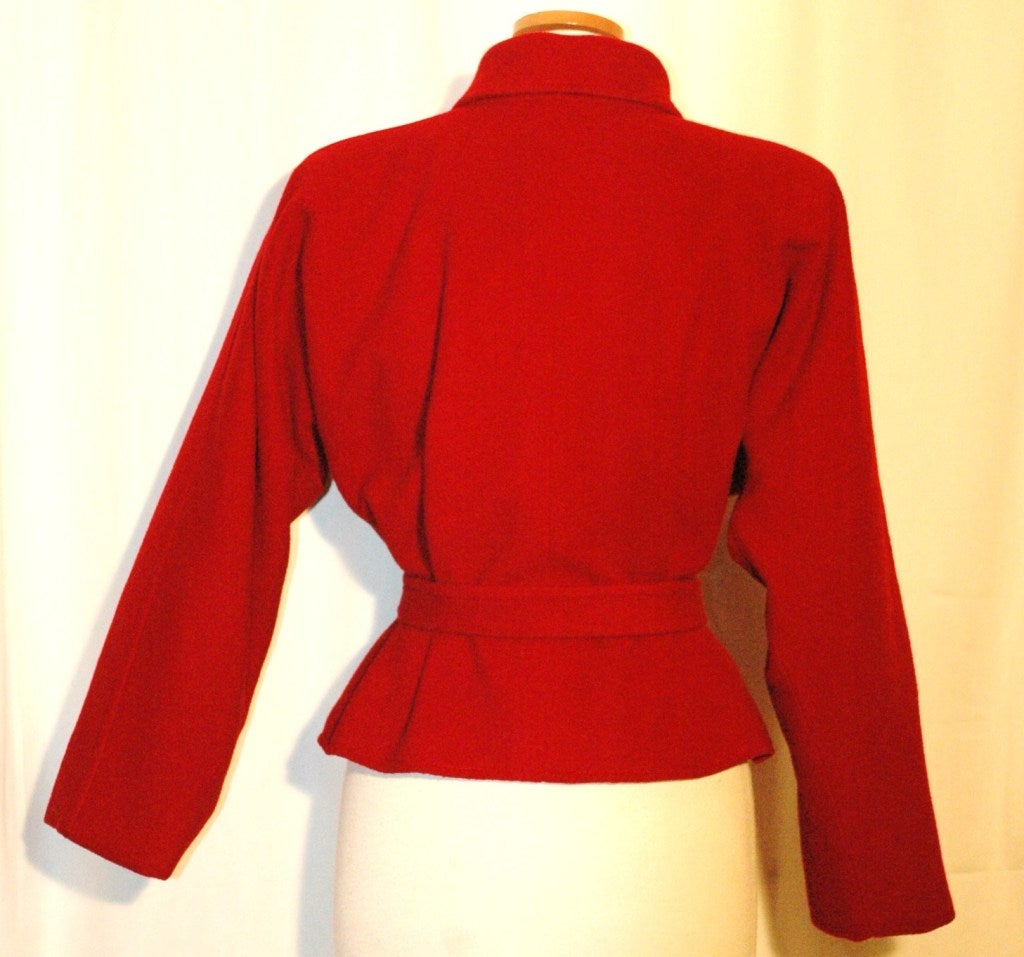 Vintage Emanuel Ungaro Red Wool Crop Wrap Coat Jacket w Belt 3