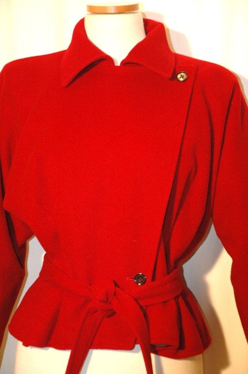 Vintage Emanuel Ungaro Red Wool Crop Wrap Coat Jacket w Belt 4