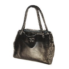 2009 Chanel Black Leather Tweed Fringed Piping & Lining Tote Handbag