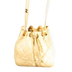 Vintage 1990s Chanel Ivory Caviar Drawstring Pouch Shoulder Handbag