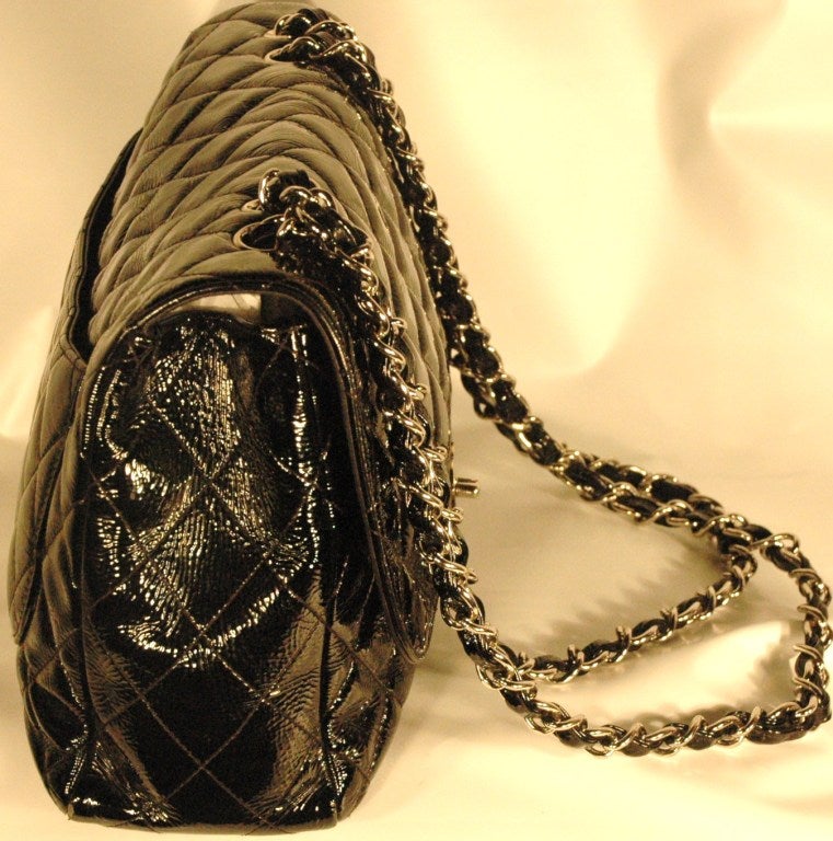 2007 Chanel Jumbo Flap Black Patent Leather Quilted w Silver Hardware Handbag