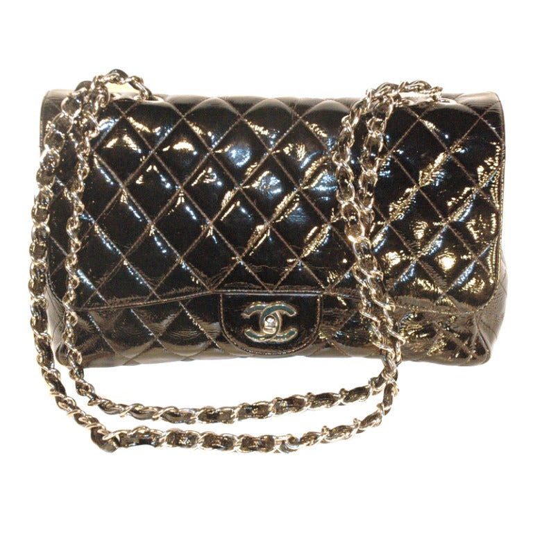 2007 Chanel Jumbo Flap Black Patent Leather Quilted w Silver Hardware Handbag at 1stdibs