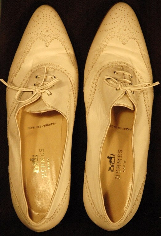 Women's Hermes Ivory Lace up Spectator Low Heel Leather Shoes For Sale