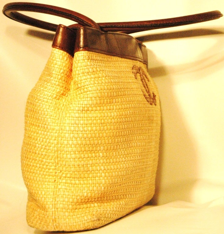 Vintage 1990s Chanel Raffia & Leather Handbag Small Tote In Good Condition In Lake Park, FL