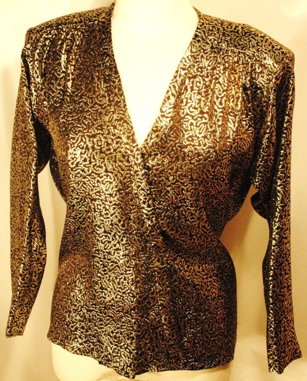 Vintage 1986 Yves Saint Laurent Rive Gauche Black Silk & Gold Metallic Lame Top Blouse For Sale 5