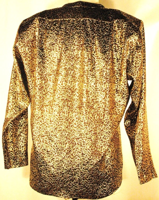 Women's Vintage 1986 Yves Saint Laurent Rive Gauche Black Silk & Gold Metallic Lame Top Blouse For Sale
