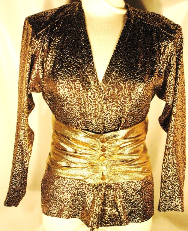 Vintage 1986 Yves Saint Laurent Rive Gauche Black Silk & Gold Metallic Lame Top Blouse For Sale 3