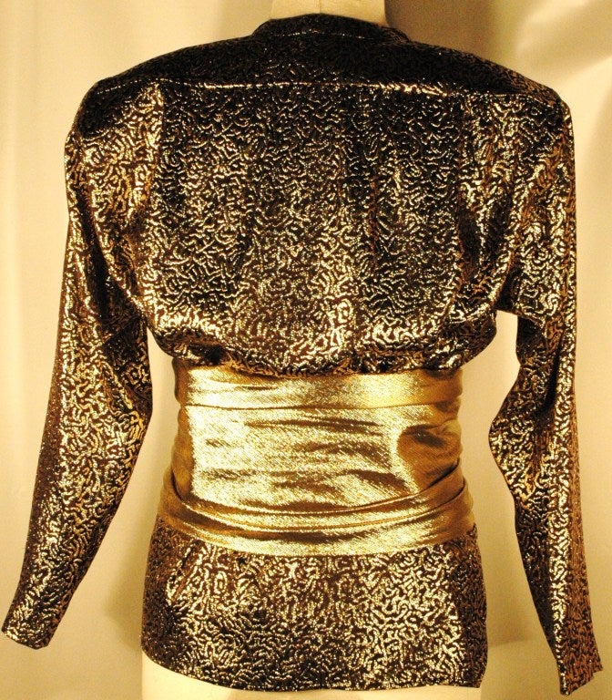 Vintage 1986 Yves Saint Laurent Rive Gauche Black Silk & Gold Metallic Lame Top Blouse For Sale 4