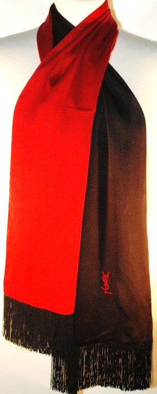 Vintage Yves Saint Laurent Black & Red Silk Satin Scarf with Fringe Edges In Excellent Condition For Sale In Lake Park, FL