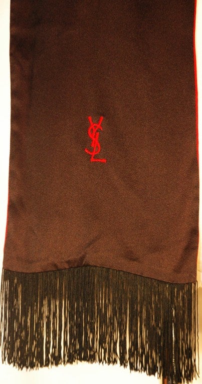 Vintage Yves Saint Laurent Black & Red Silk Satin Scarf with Fringe Edges For Sale 1