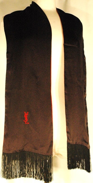 Vintage Yves Saint Laurent Black & Red Silk Satin Scarf with Fringe Edges For Sale 2