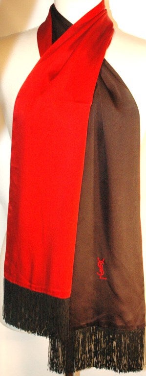 Vintage Yves Saint Laurent Black & Red Silk Satin Scarf with Fringe Edges For Sale 3