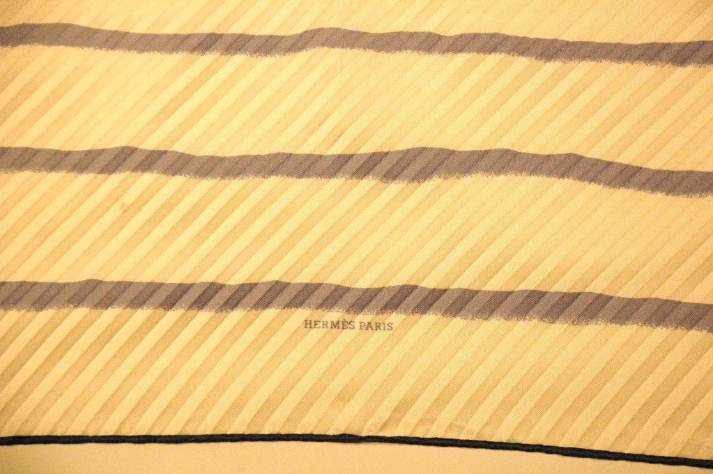 Brown Hermes Paris White & Blue stripe Silk Scarf For Sale
