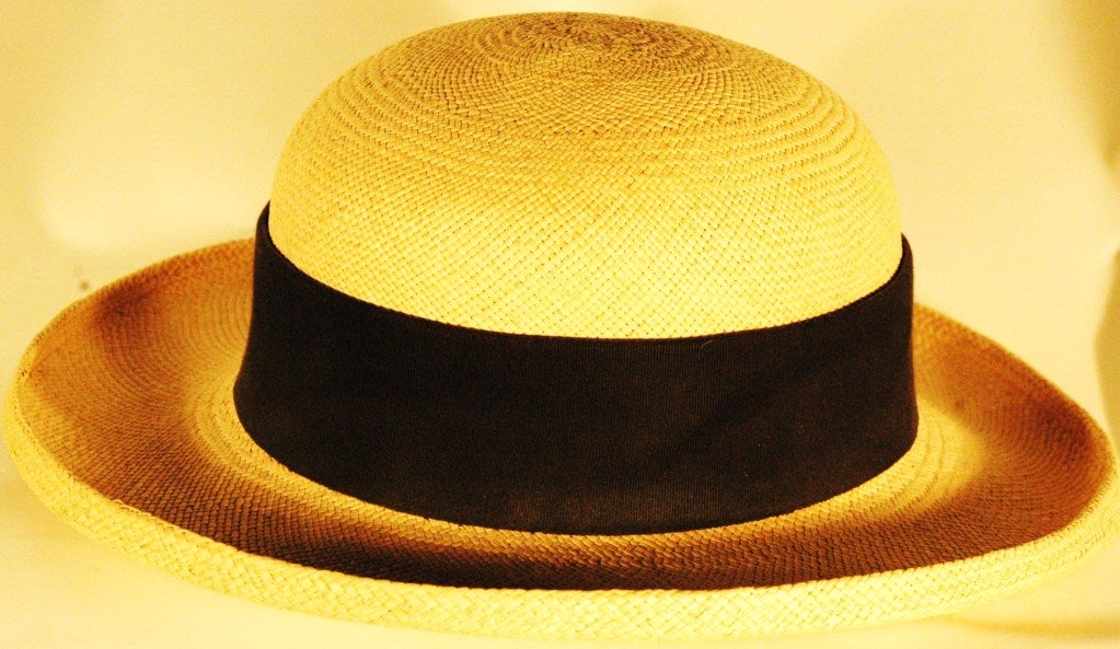 Beige Vintage 1970s Yves Saint Laurent Raffia Straw Hat with Black Grosgrain Ribbon For Sale