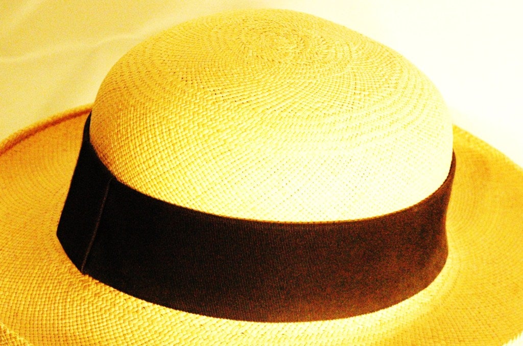 Vintage 1970s Yves Saint Laurent Raffia Straw Hat with Black Grosgrain Ribbon In Excellent Condition For Sale In Lake Park, FL