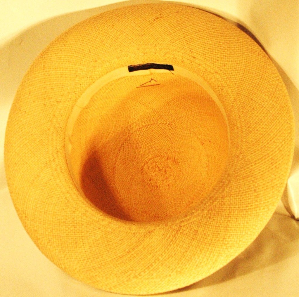 Women's Vintage 1970s Yves Saint Laurent Raffia Straw Hat with Black Grosgrain Ribbon For Sale