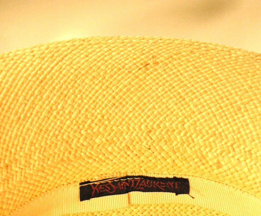 Vintage 1970s Yves Saint Laurent Raffia Straw Hat with Black Grosgrain Ribbon For Sale 1