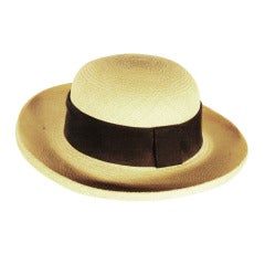 Vintage 1970s Yves Saint Laurent Raffia Straw Hat with Black Grosgrain Ribbon