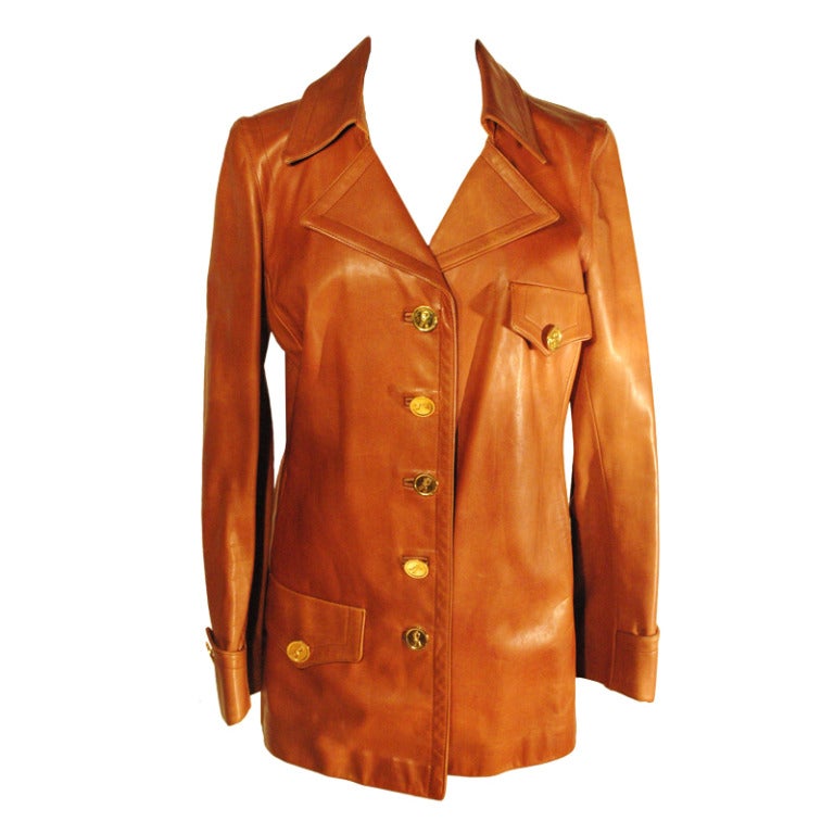 Vintage Roberta Di Camerino Tabacco Brown Leather Jacket w Gold R Logo Buttons For Sale