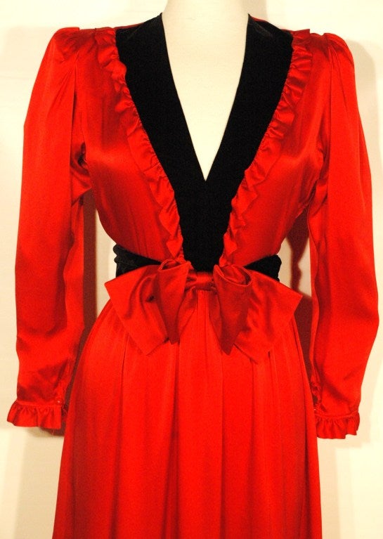 Rare Yves Saint Laurent YSL Rive Gauche Red Silk Dress & Velvet Bow Belt Natalie Wood