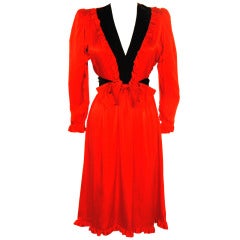 Vintage Rare Yves Saint Laurent YSL Rive Gauche Red Silk Dress & Velvet Bow Belt Natalie Wood
