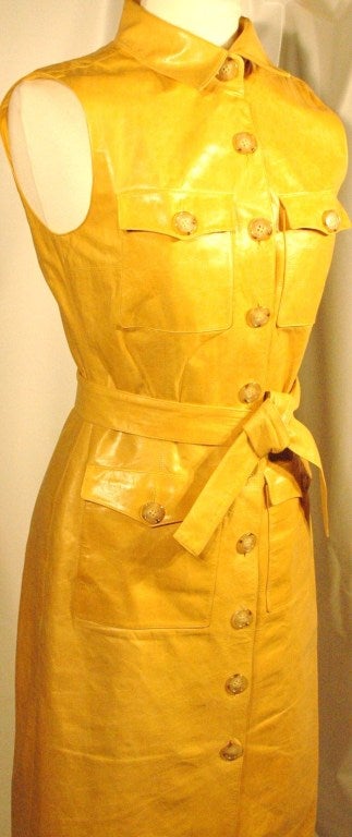 Oscar de la Renta Beautiful Yellow Leather Sleevless Shirt Dress w Belt In Excellent Condition In Lake Park, FL