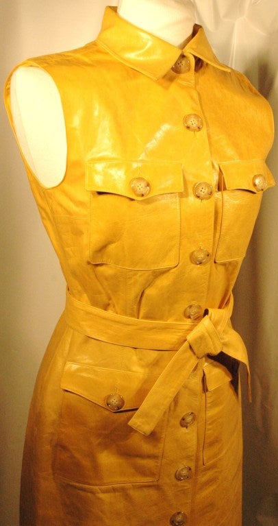 Oscar de la Renta Beautiful Yellow Leather Sleevless Shirt Dress w Belt 1