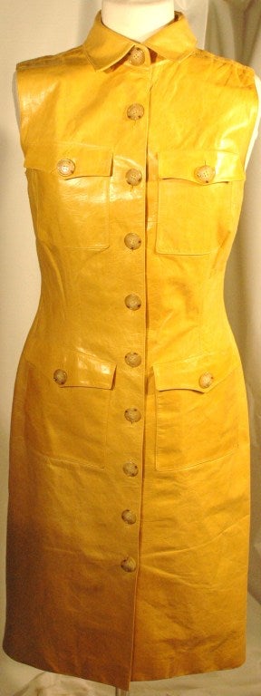 Oscar de la Renta Beautiful Yellow Leather Sleevless Shirt Dress w Belt 3