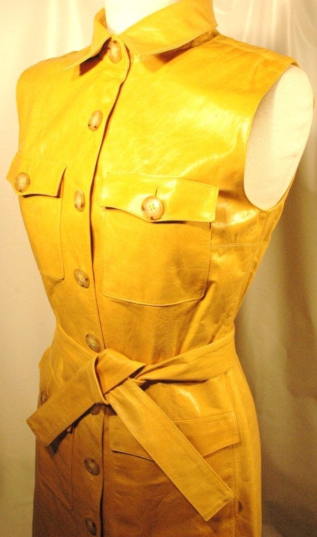 Oscar de la Renta Beautiful Yellow Leather Sleevless Shirt Dress w Belt 4