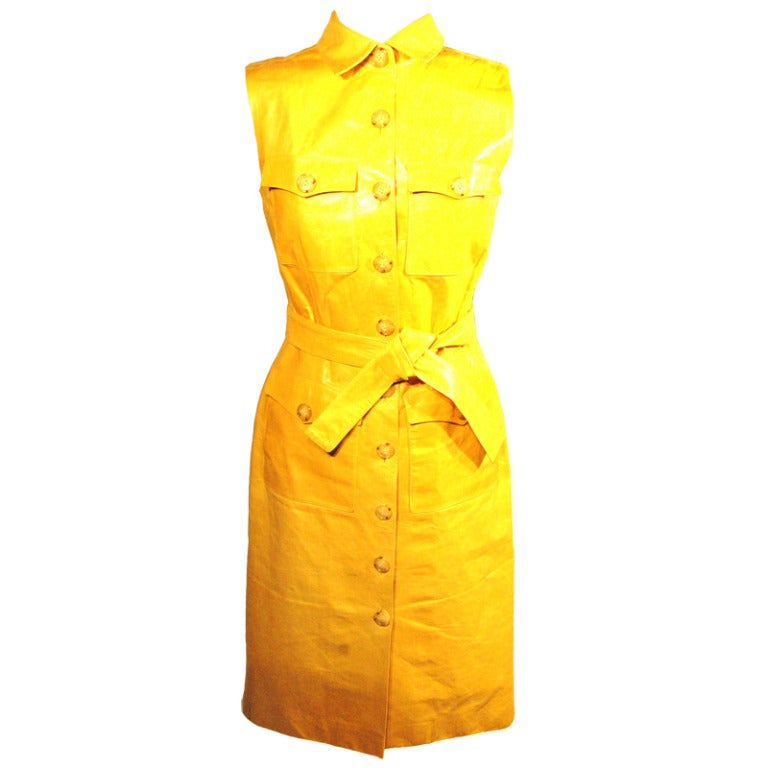 Oscar de la Renta Beautiful Yellow Leather Sleevless Shirt Dress w Belt