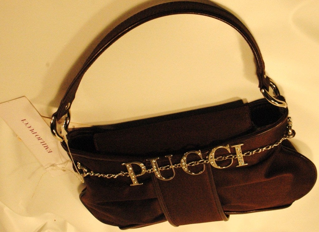 Women's New Emilio Pucci Brown Silk Satin Evening Bag w Detachable Logo Charm