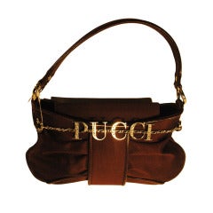 New Emilio Pucci Brown Silk Satin Evening Bag w Detachable Logo Charm