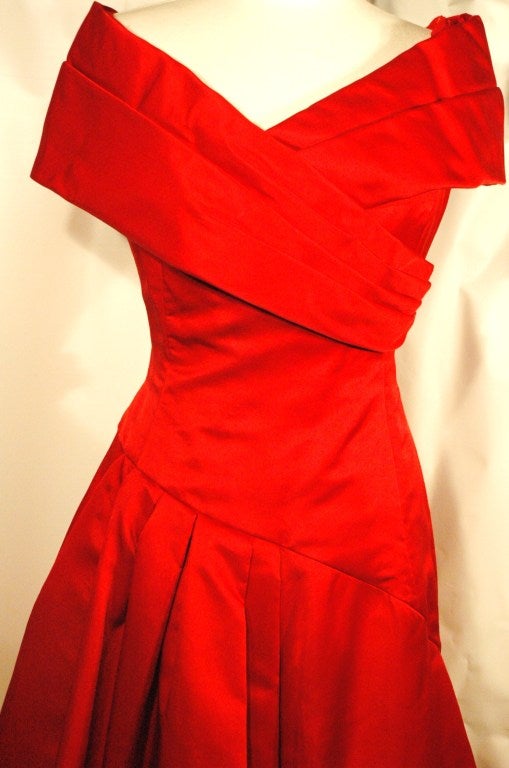 Vintage Arnold Scaasi Boutique Red Off Shoulders Gown Elizabeth Arden The Salon In Excellent Condition In Lake Park, FL